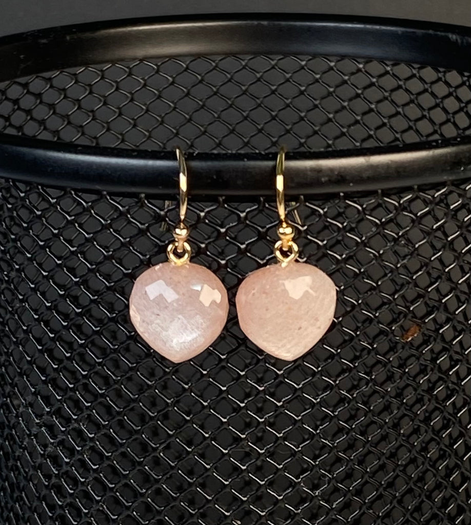 Silver Pink Moonstone Gemstone Heart Dangle Earrings 14k Gold Fill