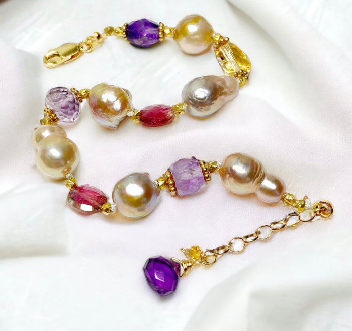 Baroque Pearl and Multi Gemstone Bracelet Gold Fill