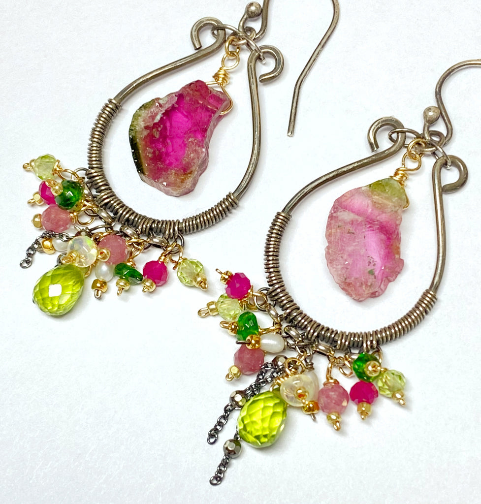 Pink Sapphire, Peridot, Watermelon Tourmaline Hoop Chandelier Earrings
