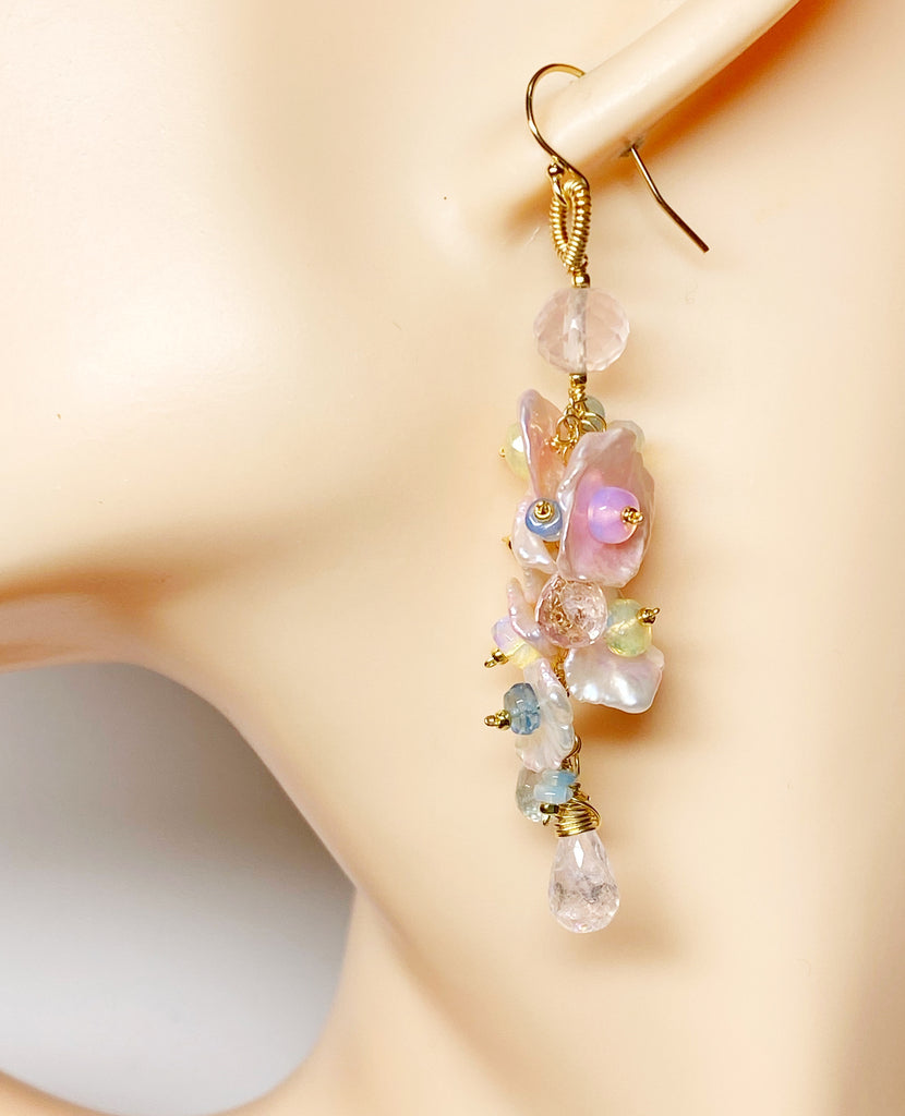 Aquamarine, Opal Gemstone and Keishi Pearl Dangle Wedding Earrings