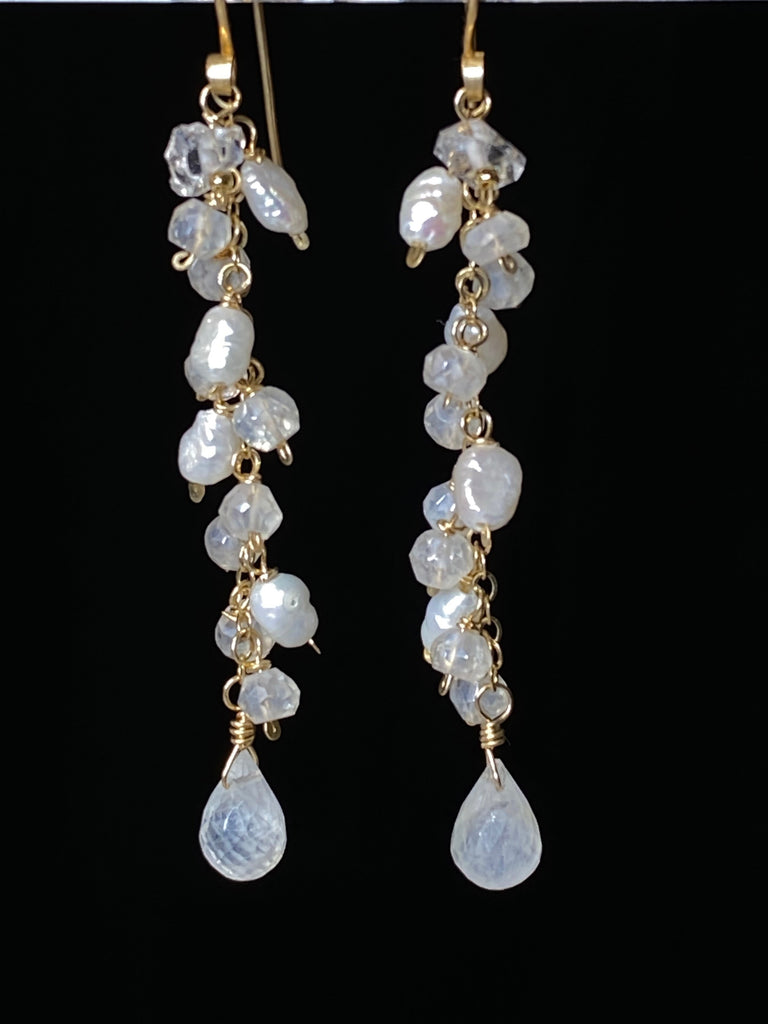 Rainbow Moonstone and Pearl Long Dangle Earrings - Rose Gold, Sterling Silver, Gold Fill