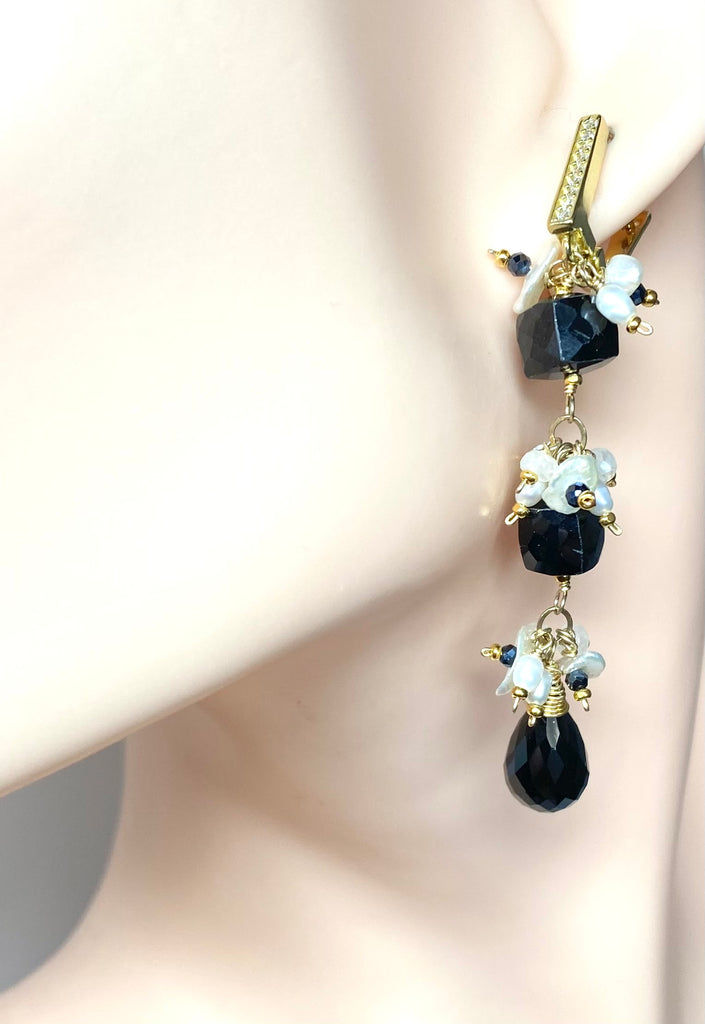 Black Spinel White Pearl Long Dangle Earrings