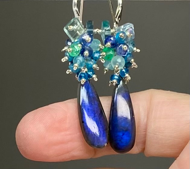 Blue Labradorite Long Gemstone Cluster Earrings in Blue, Green, Sterling Silver