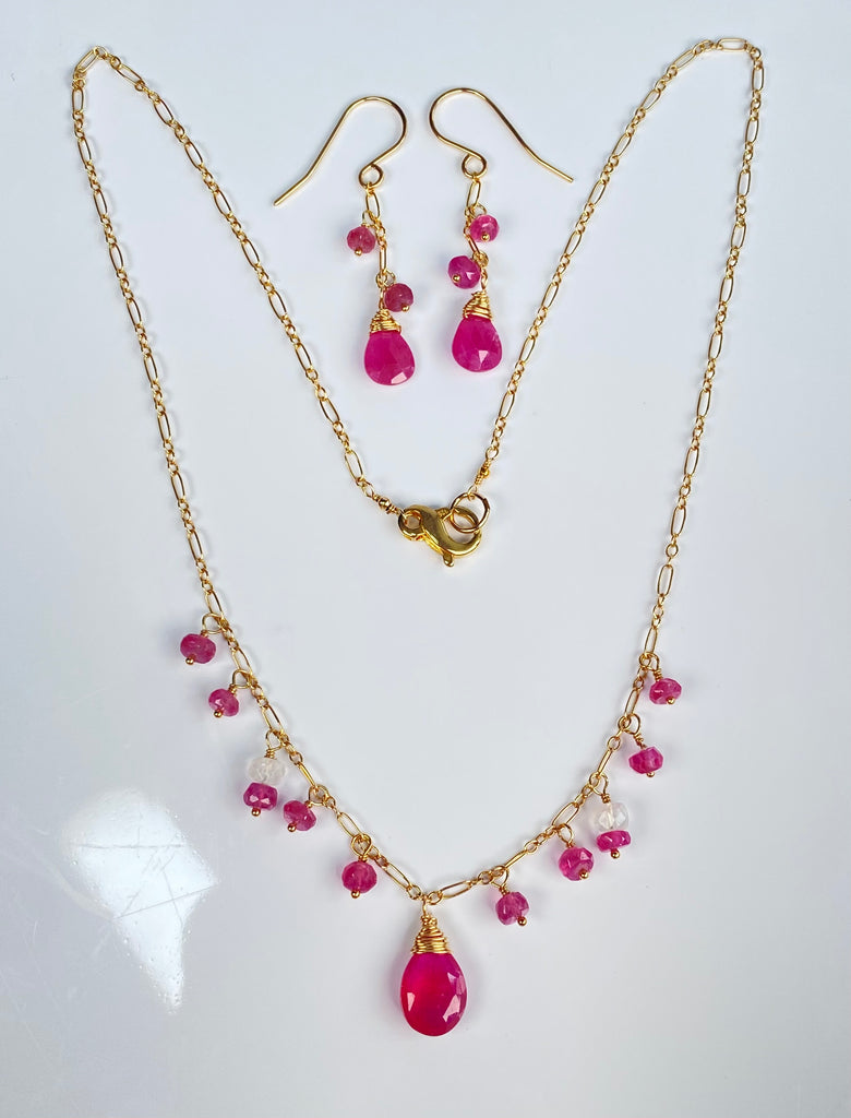 Pink Sapphire & Moonstone Necklace and Earrings Set, 14k Gold Fill