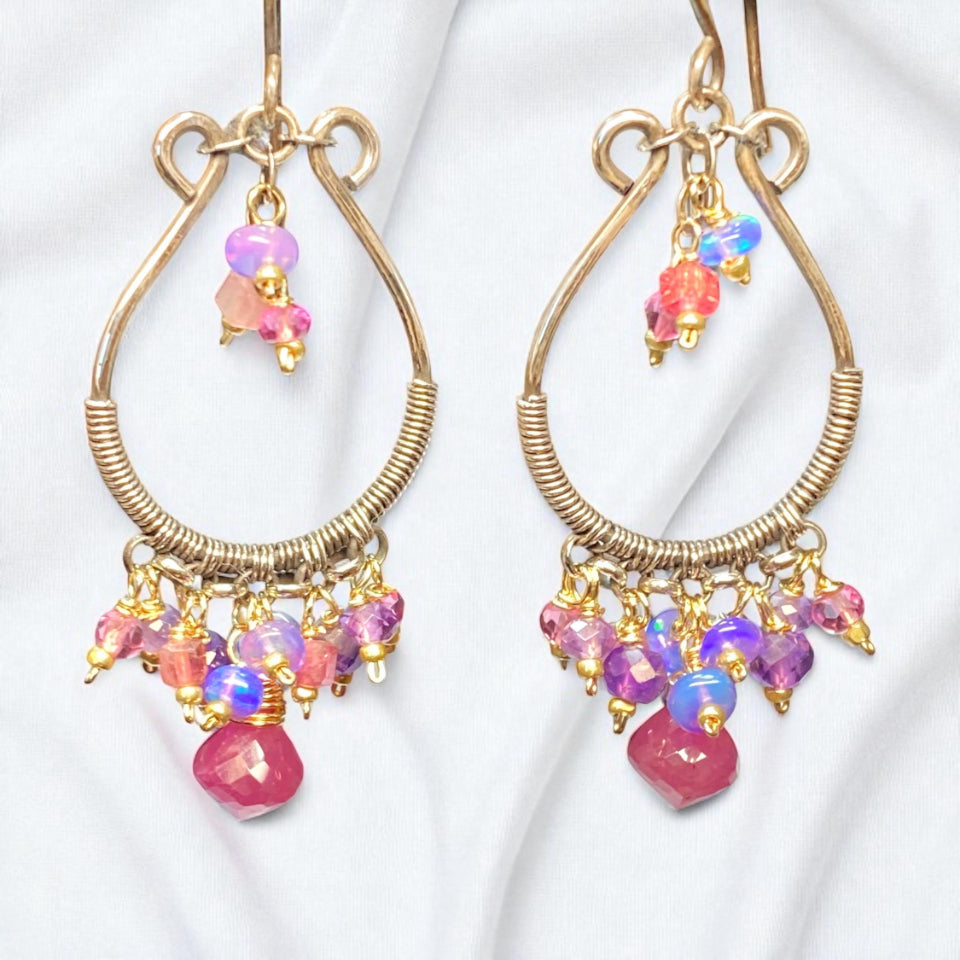 Pink Sapphire Mixed Metal Hoop Chandelier Earrings - Oxidized Sterling Silver - Doolittle