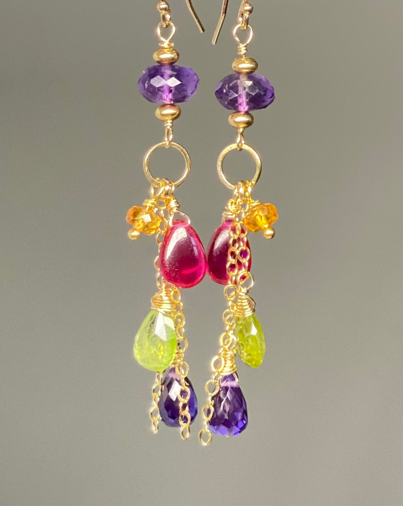 Gemstone Long Chain Dangle Earrings, Amethyst, Rubellite, Peridot, Gold Fill