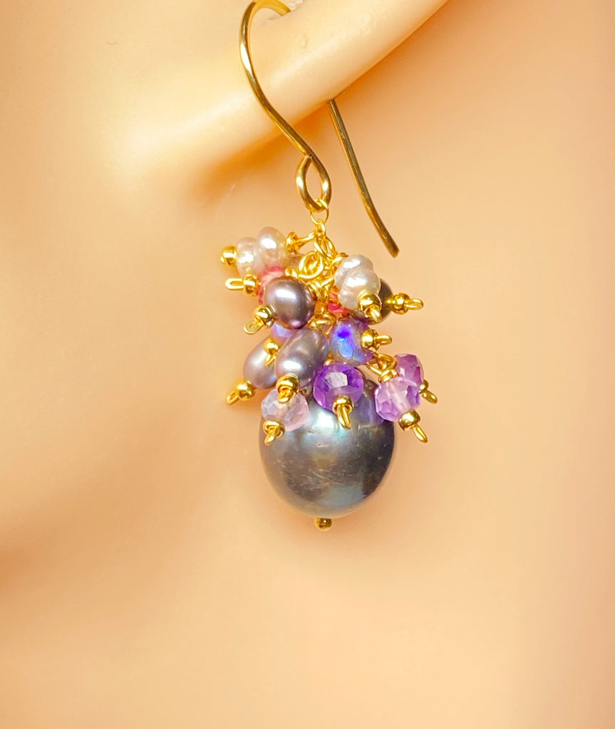 Black Peacock Pearl Earrings Amethyst and Pink Gemstone Clusters Gold Fill