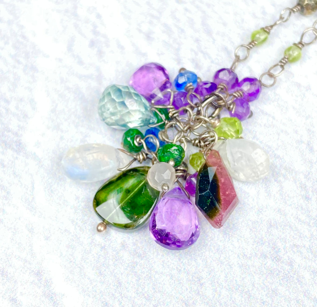 Tourmaline & Moonstone Rosary-Style Cluster Necklace, Oxidized Silver