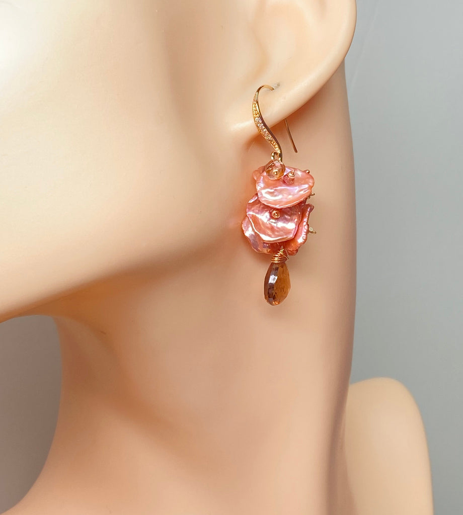 Tourmaline, Sapphire and Coral Keishi Pearl Cluster Earrings Rose Gold