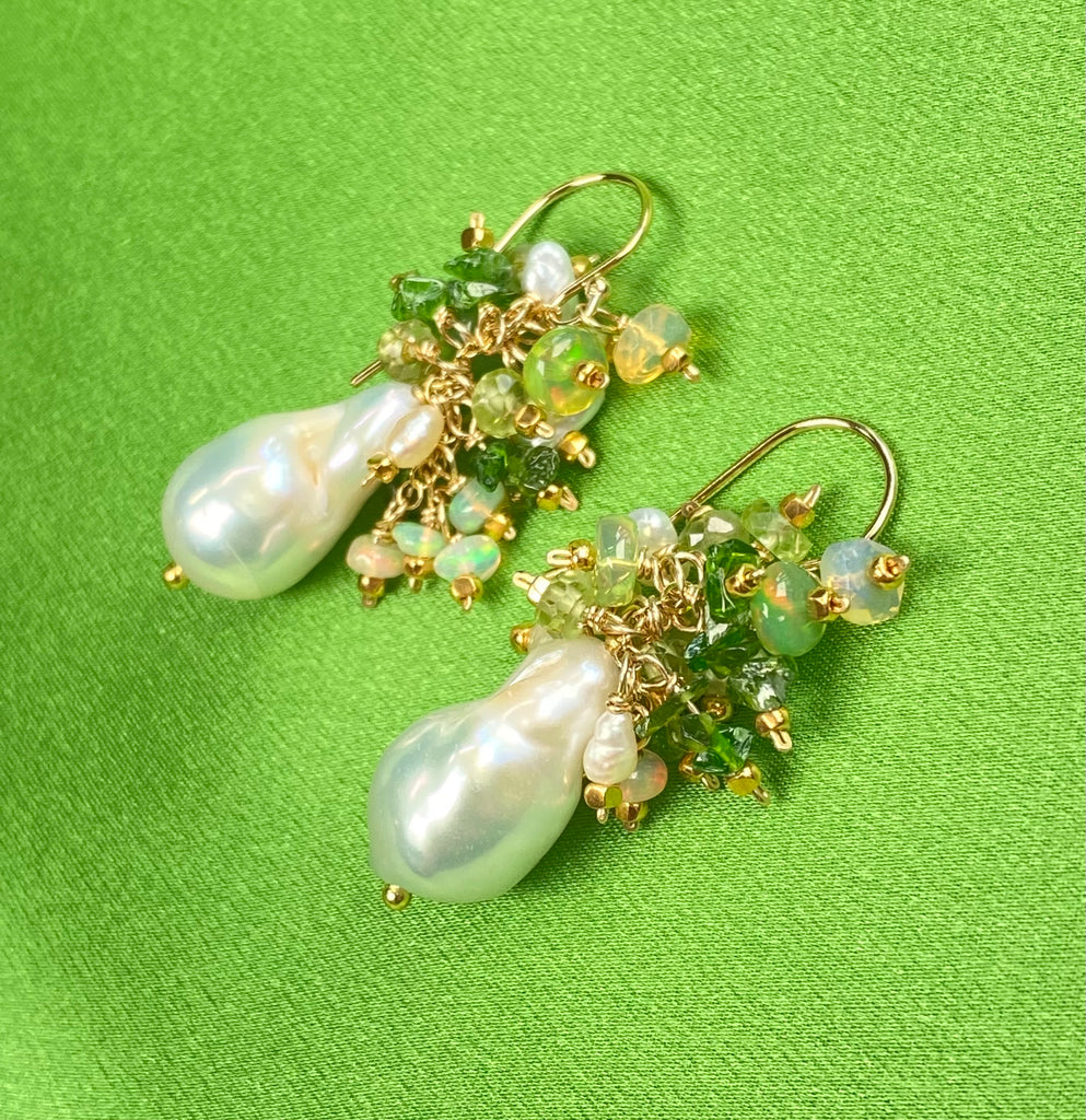 Green Ethiopian Opal, Peridot & Flameball Pearl Cluster Earrings