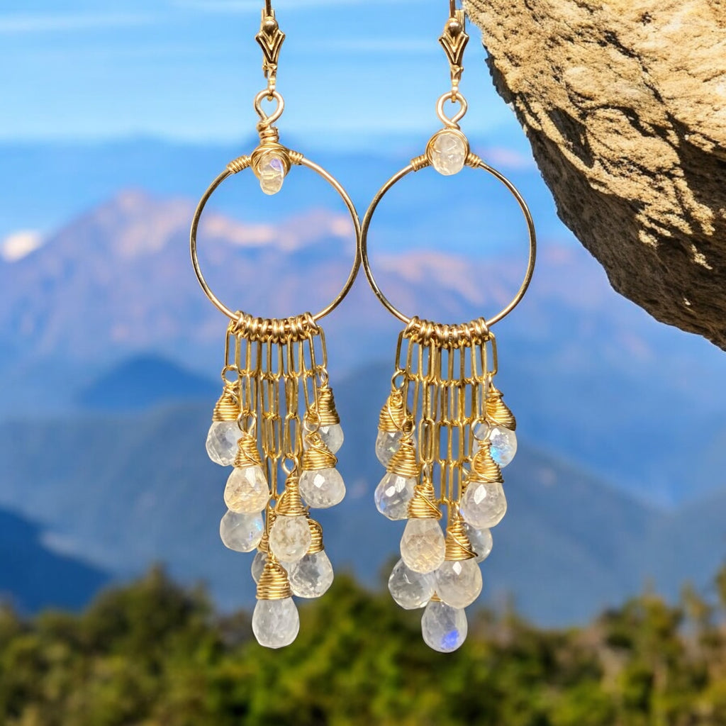 Rainbow Moonstone Gold Hoop Chandelier Earrings