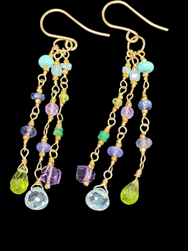 Peridot, Blue Topaz, Amethyst, Multi Gemstone Dangle Earrings