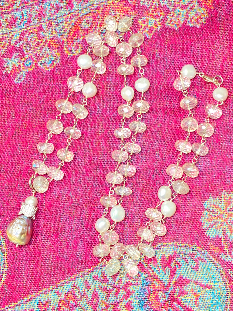 Mystic Silver Quartz and Pearl Long Wire Wrap Necklace Sterling Silver