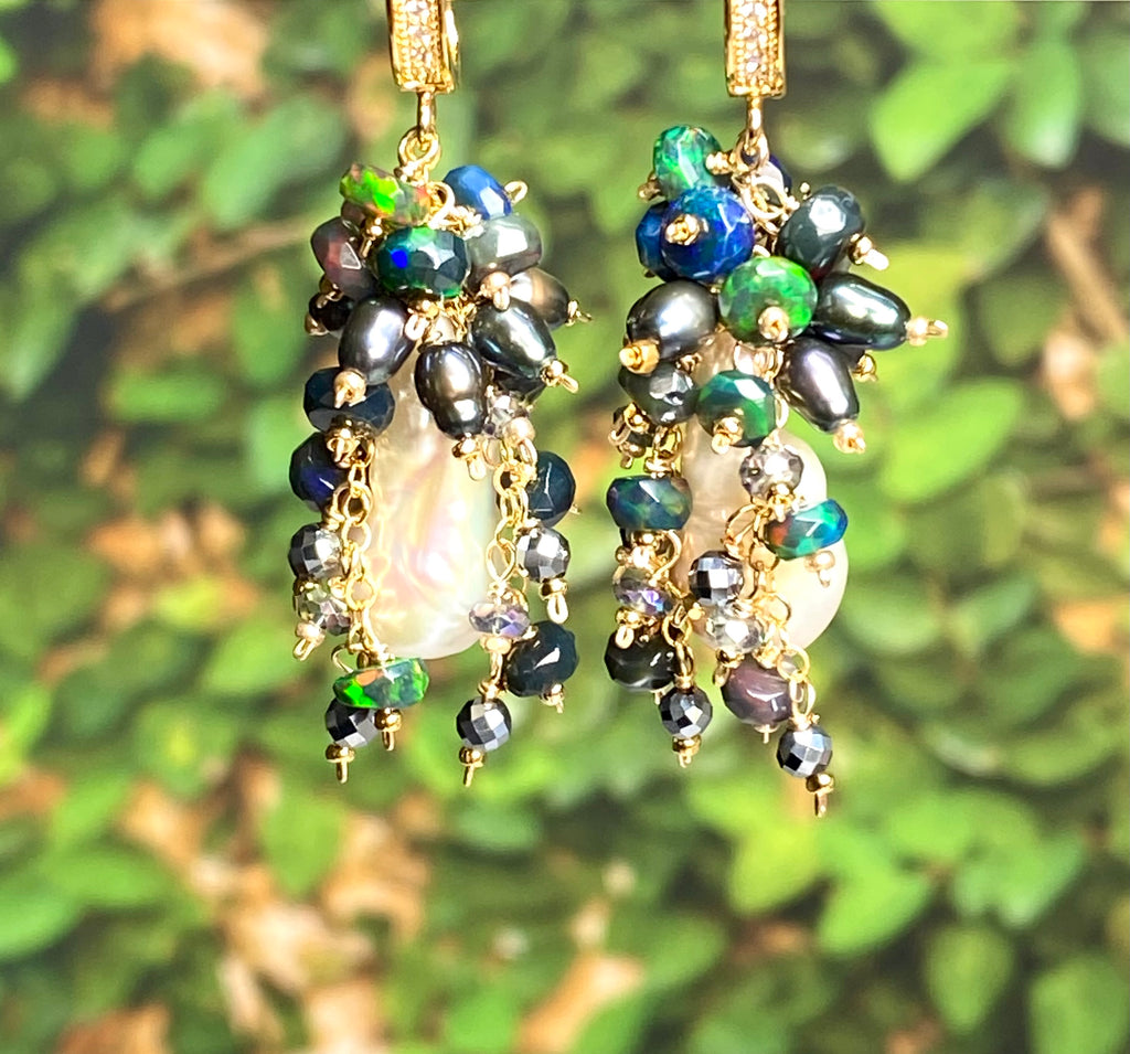 Baroque Pearl Earrings Black Ethiopian Opal Gold Fill Cluster