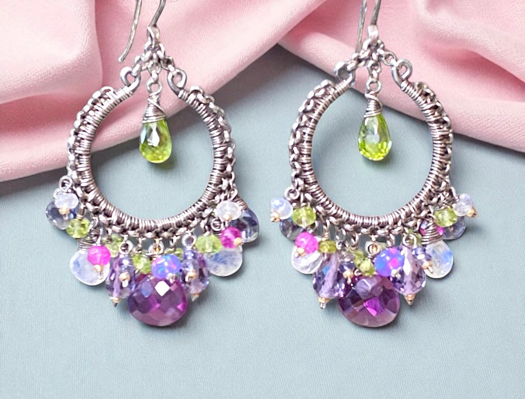 Multi Gemstone Chandelier Hoop Earrings - Peridot Lavender Violet