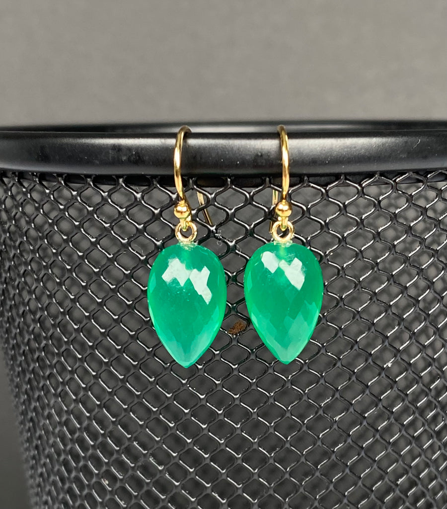 Green Onyx Flat Briolette Long Drop Earrings 14k Gold Fill