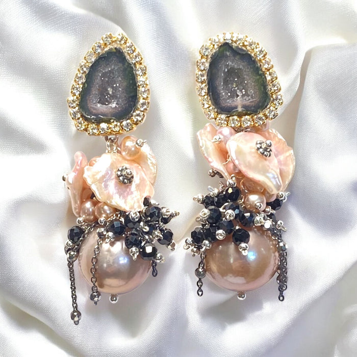 Pink Edison Pearl Cluster Earrings with Keishi and Black Geodes