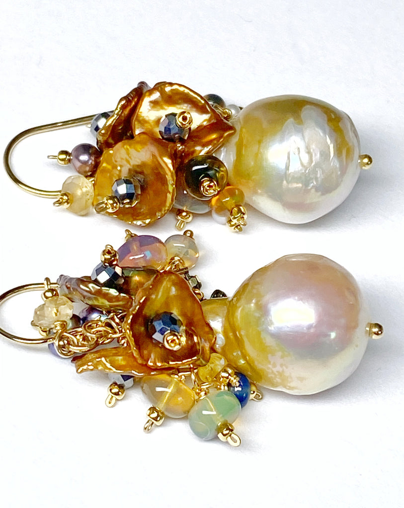 Pond Slime Gold White Pearl Earrings with Black Opals Golden Keishi Pearl Clusters