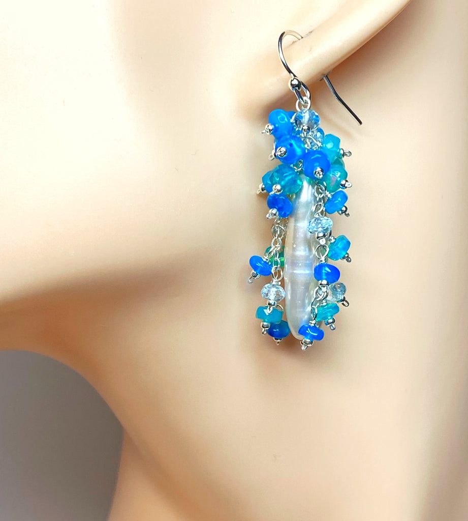 White Biwa Pearl and Aqua Blue Opal Cluster Earrings Sterling Silver