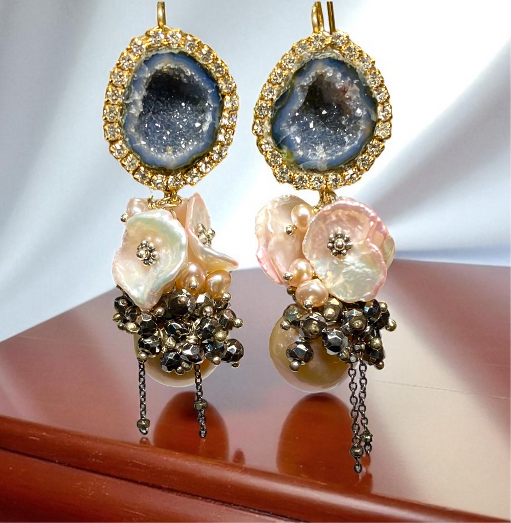Pink Edison Pearl Cluster Earrings with Keishi and Black Geodes