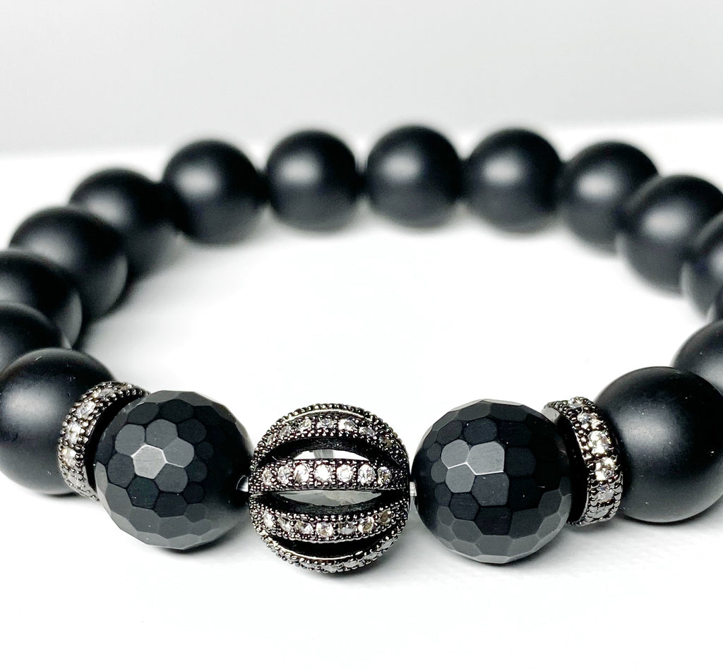 Black Onyx Stretch Bracelet with Black Pave CZ