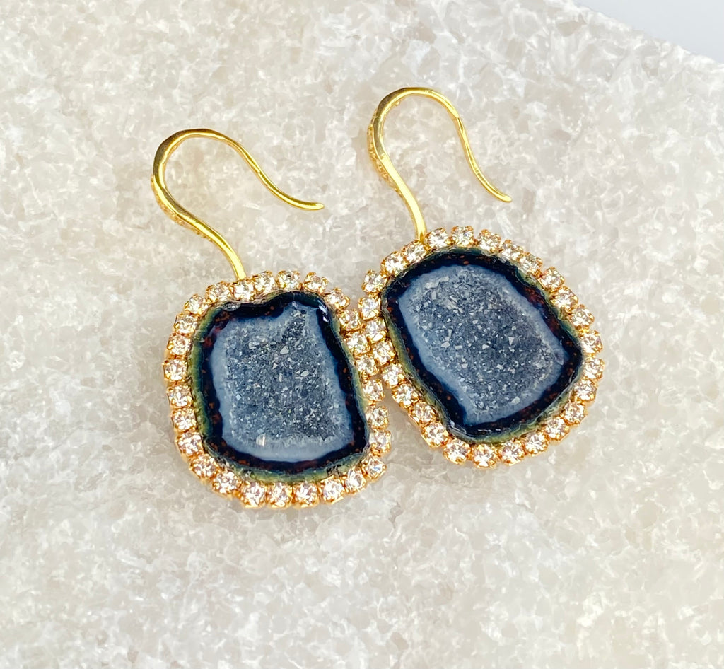 Black Tabasco Geode Druzy Earrings with Austrian Crystal Halo — Diamond Style Dangle Earrings - Doolittle