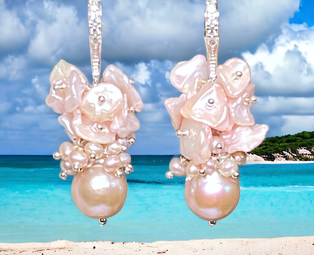 Pink Pearl Cluster Earrings, Blush Pink Keishi Pearls