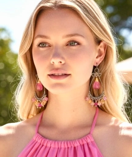 Padparadscha Pink Sapphire Chandelier Hoop Earrings — Fuchsia, Blush & Peach, Mixed Metals