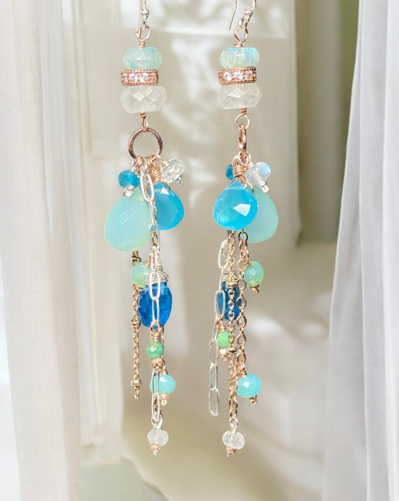 Long Boho Dangle Earrings with Aqua and Blue Chalcedony Mixed Metals