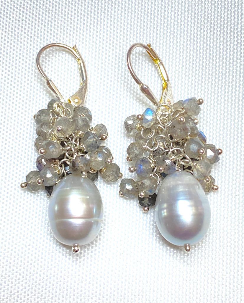 Silver Grey Pearl and Labradorite Cluster Earrings Sterling Silver - Doolittle
