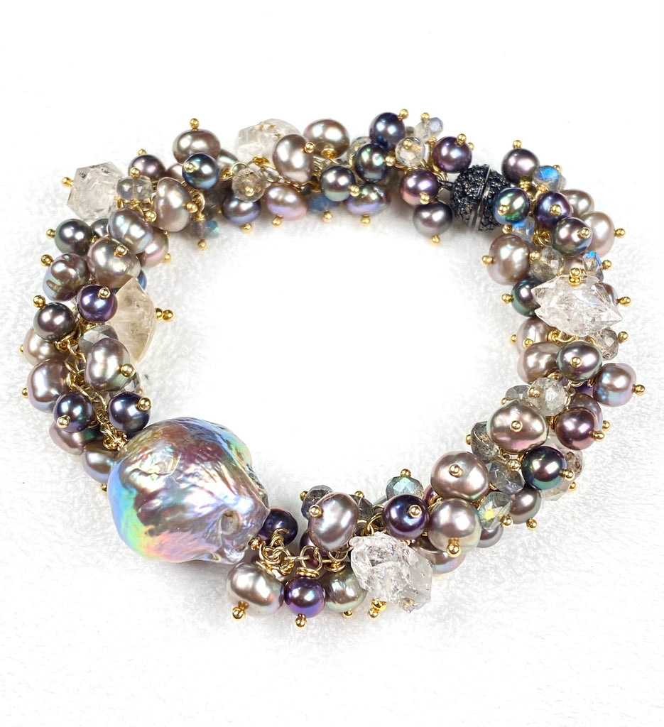 Silver Grey Baroque Pearl Cluster Bracelet — Herkimer Quartz & Labradorite