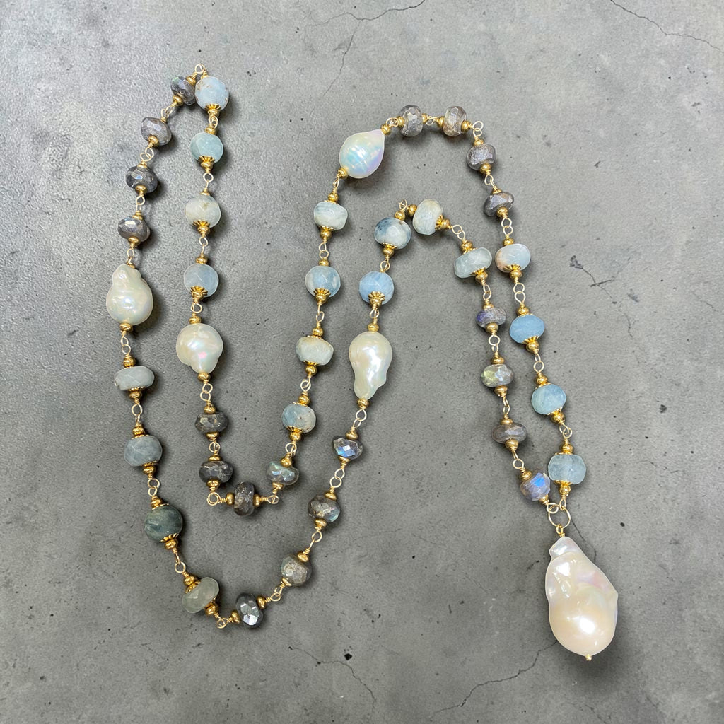 Aquamarine, Labradorite, Pearl Long Wire Wrapped Necklace