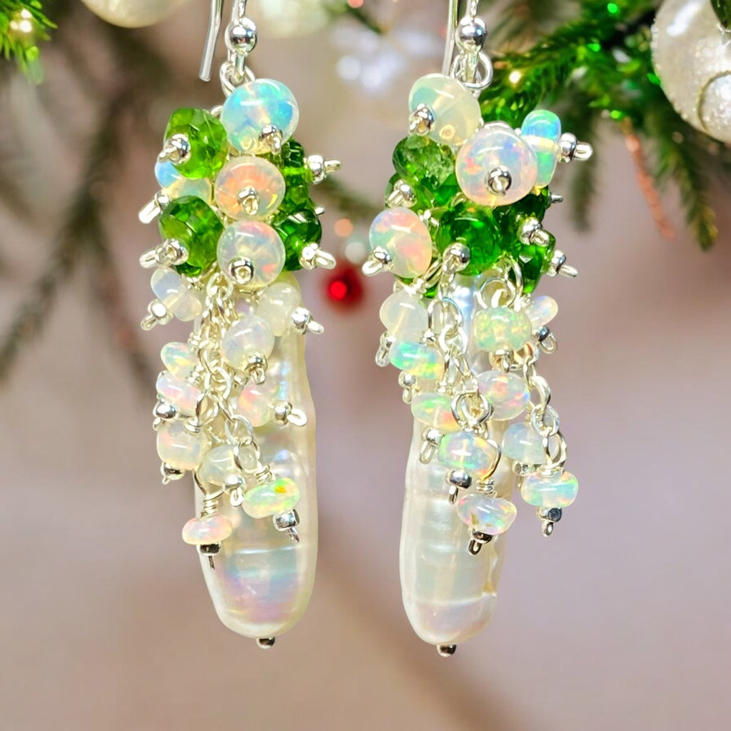 White Biwa Pearl with Chrome Diopside, Opal Clusters, Sterling Silver