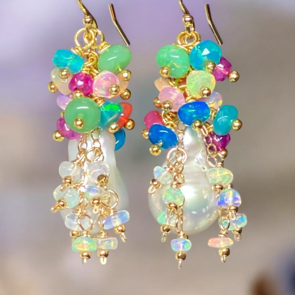 Baroque Flameball Pearl Cluster Earrings Multi-color Opals 4