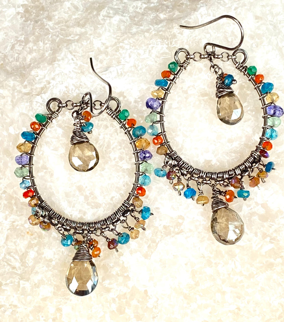 Multicolor Gemstone Hoop Chandelier Earrings, Mystic Smokey Quartz, Oxidized Silver