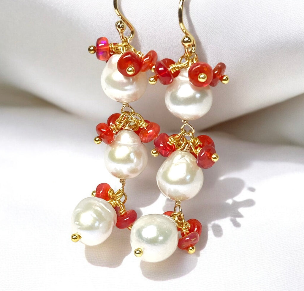 Pearl and Red Ethiopian Opal Long Dangle Earrings Gold