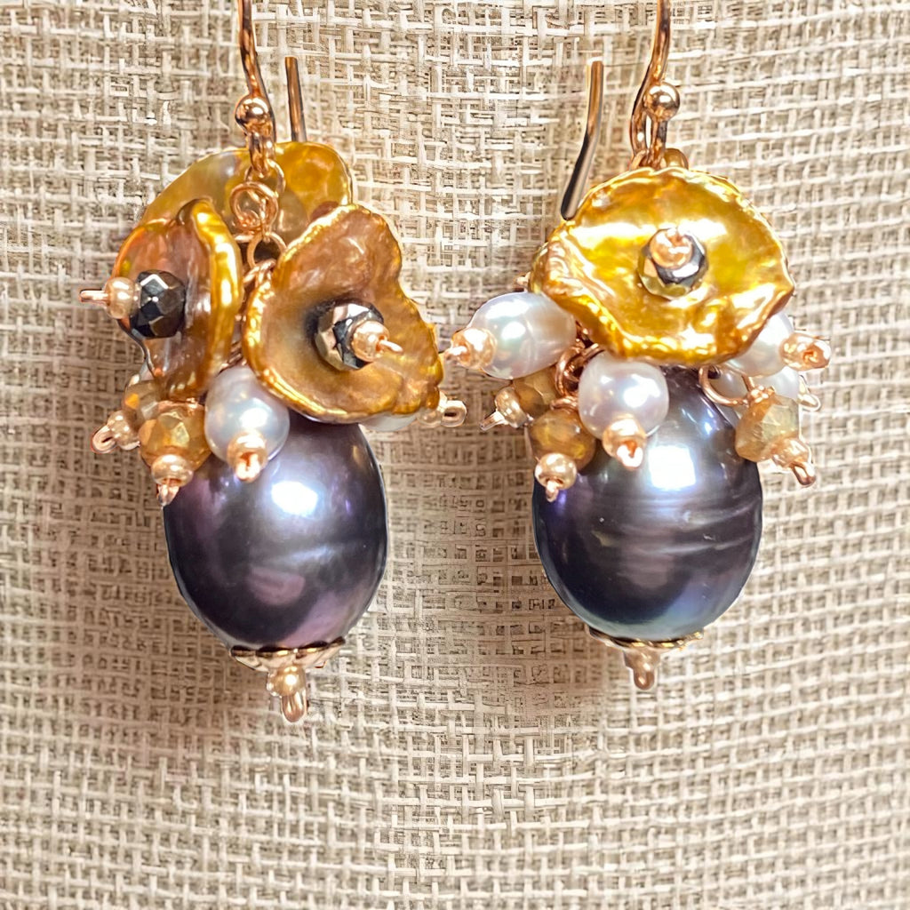 Peacock Pearl, Keishi Pearl Cluster Dangle Earrings Rose Gold Fill