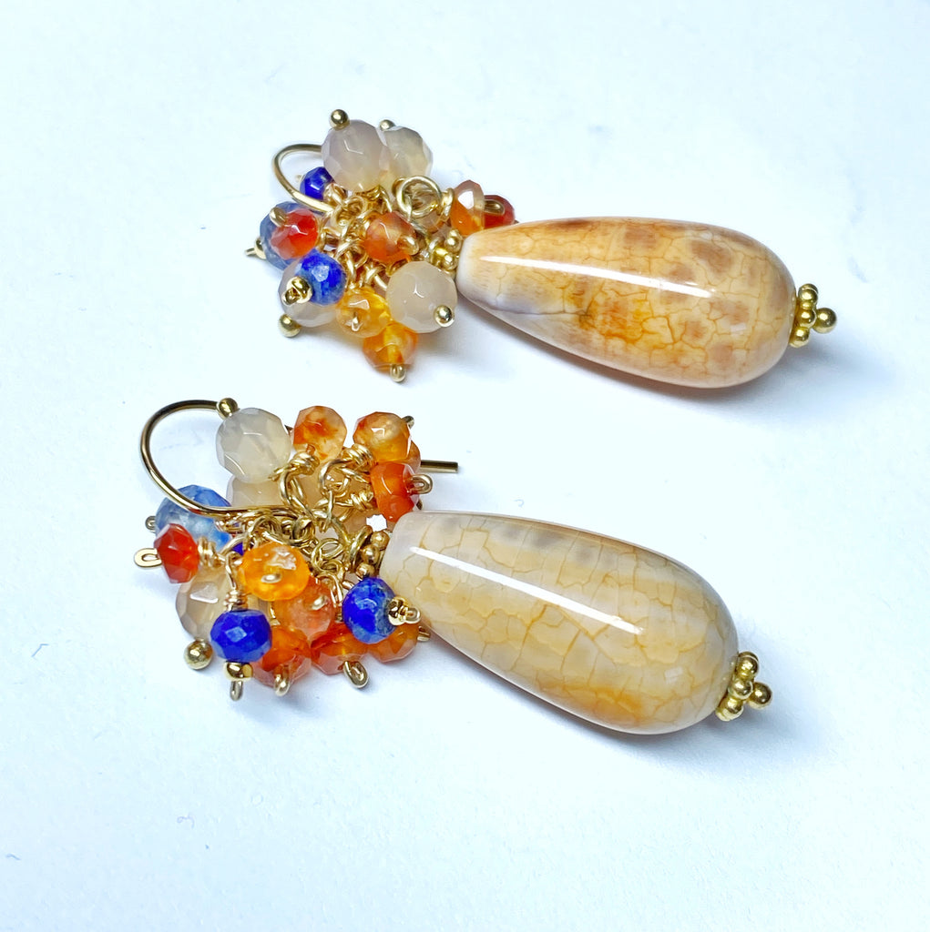 Fire Agate Drop and Gemstone Cluster Earrings Gold Fill 2