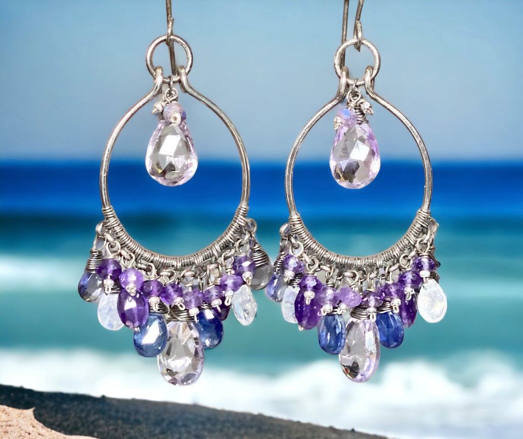 Blue Purple Gemstone Chandelier Hoop Earrings Oxidized Silver