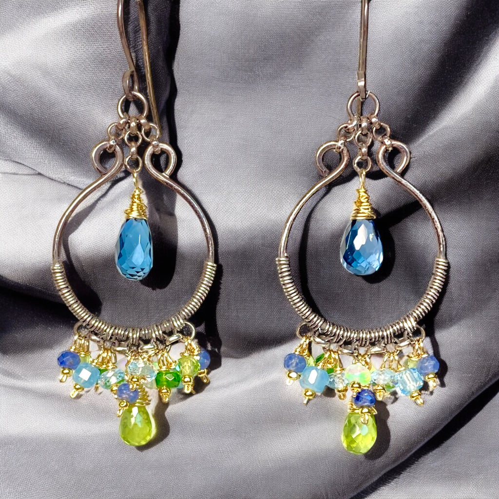 London Blue Topaz, Peridot, Oxidized Silver Hoop Chandelier Earrings Mixed Metal