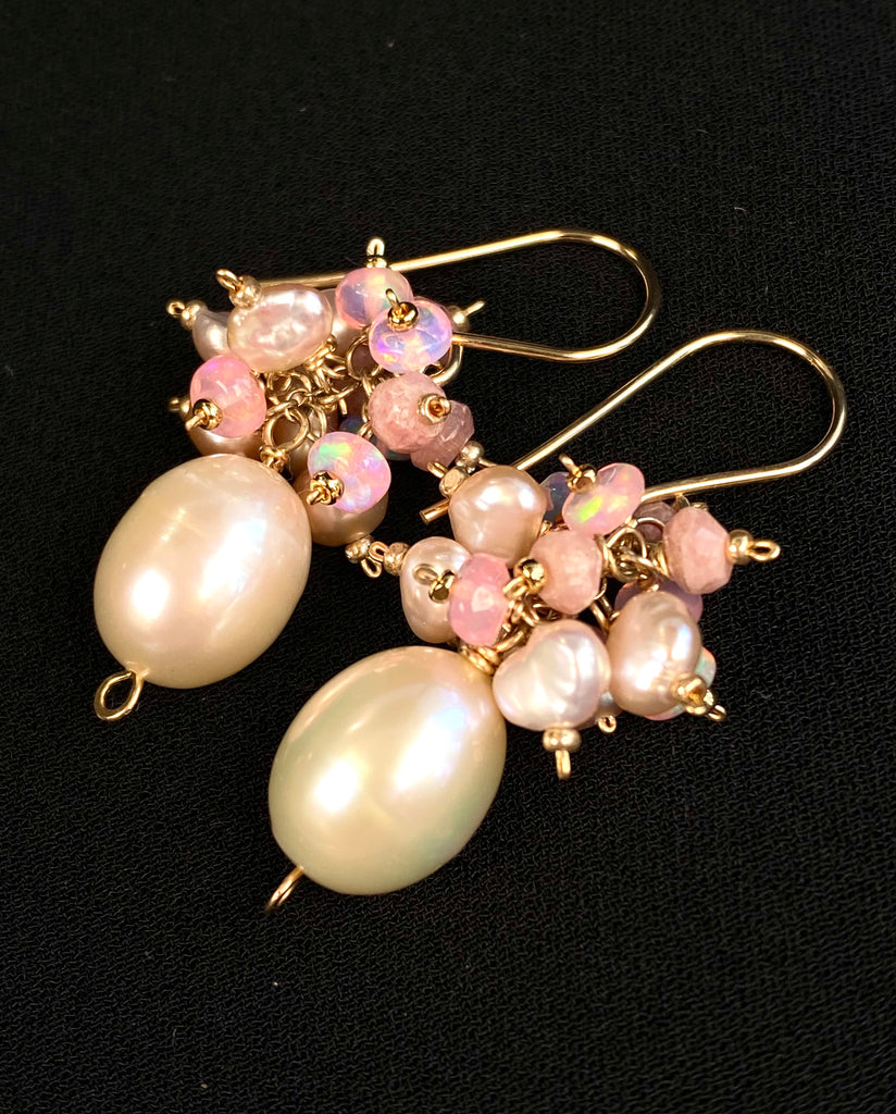 Pink Blush Pearl Pink Opal Cluster Earrings Gold Fill
