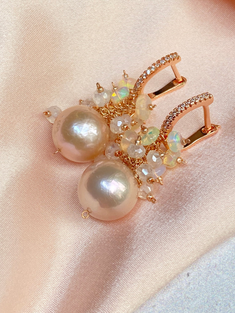 Pink Blush Pearl Opal Cluster Earrings Rose Gold