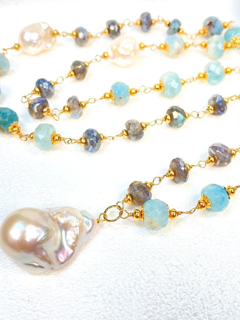 Aquamarine, Labradorite, Pearl Long Wire Wrapped Necklace