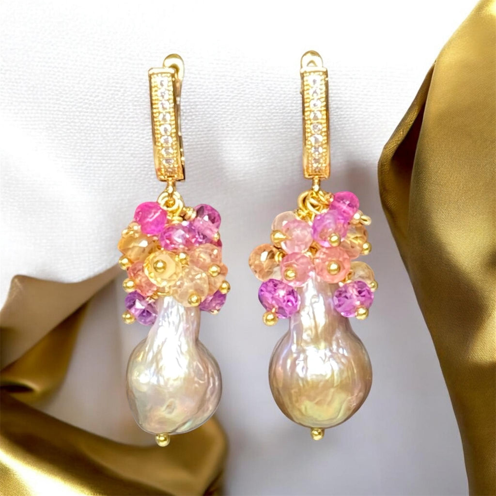 Baroque Flameball Gold Silver Pearl Earrings with Padparadscha Sapphire Clusters Gold Fill - Doolittle