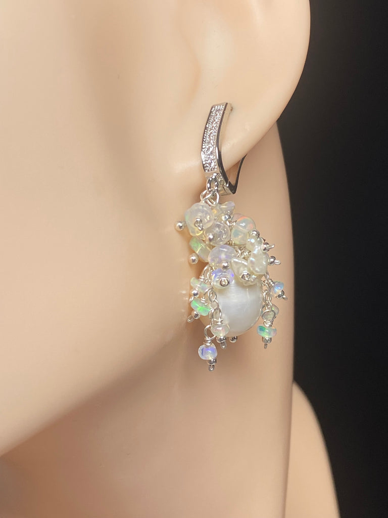 Pearl Ethiopian Opal Cluster Bridal Earrings Sterling Silver - Doolittle