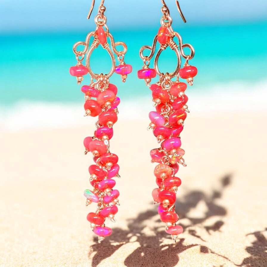 Padparadscha Ethiopian Opals Long Cluster Dangle Earrings Rose Gold 2