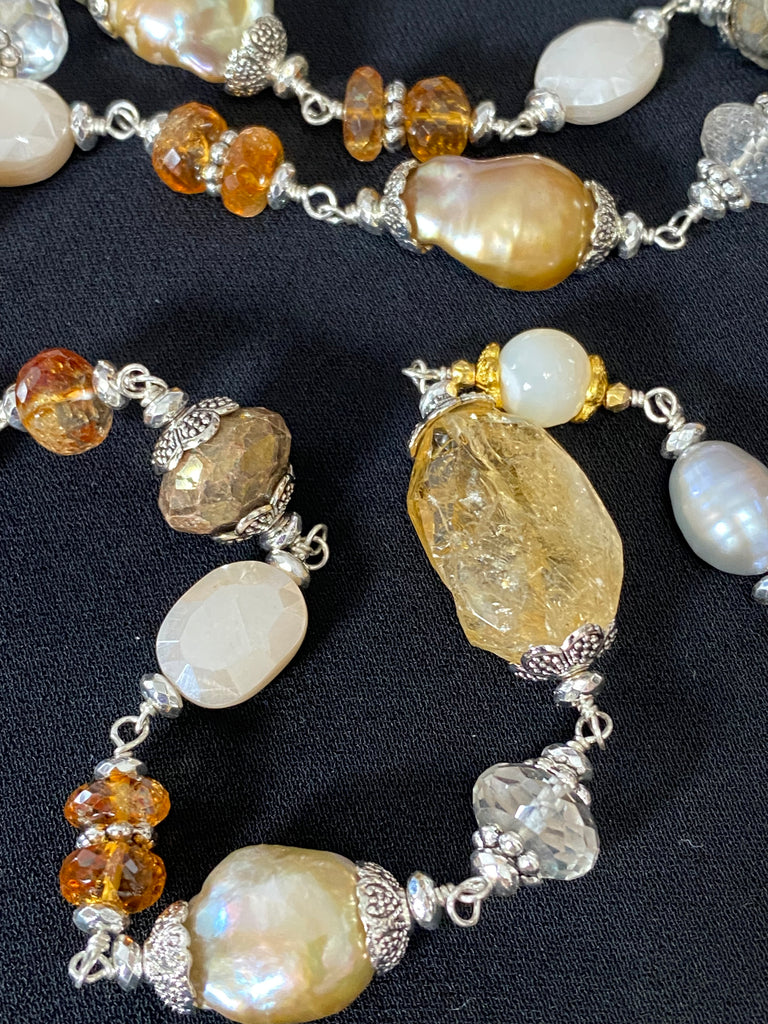 Citrine and Gold White Baroque Pearl Long Sautoir Necklace Sterling Silver — Pyrite Moonstone Crystal Quartz