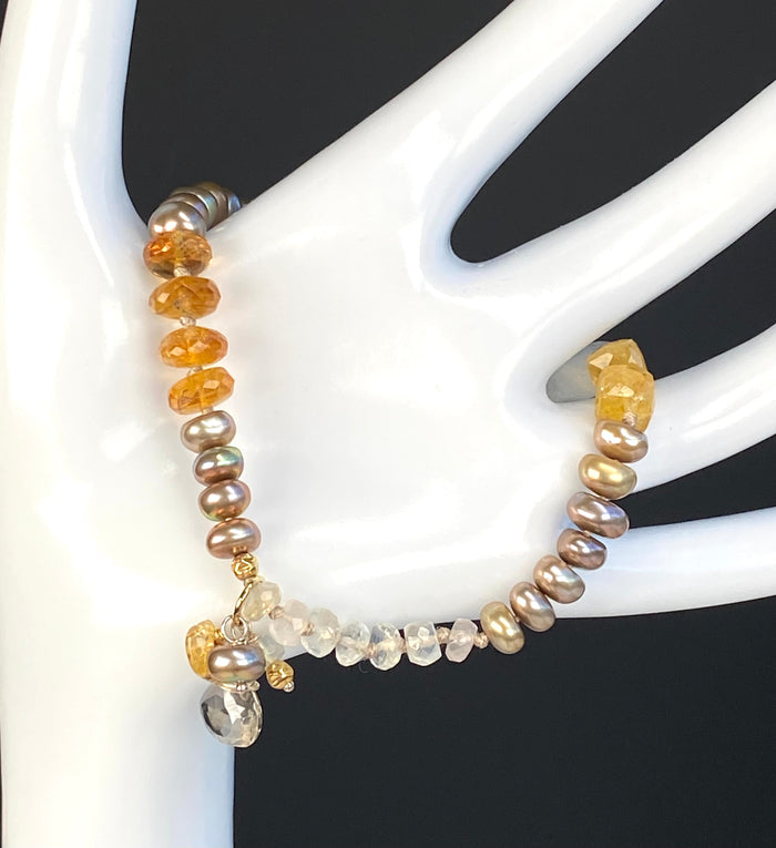 Beige Pearl Citrine Moonstone Bracelet Gold and Silver