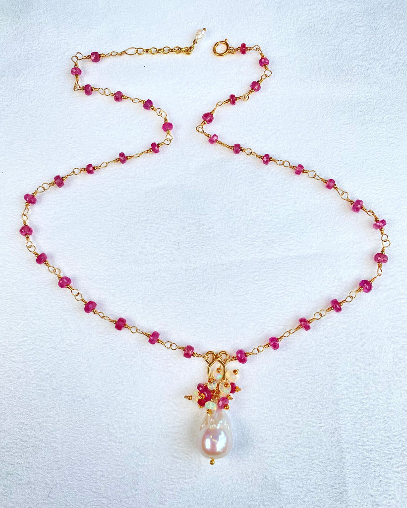 Pink Sapphire Gold Fill Wire Wrap Necklace Rosary Style Baroque Pearl Pendant