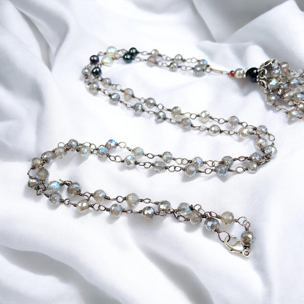 Labradorite Tassel Necklace Wire Wrapped Oxidized Sterling Silver